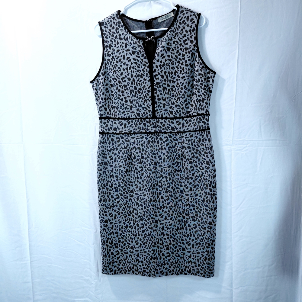Perceptions Black and Gray Leopard Print Midi Dress